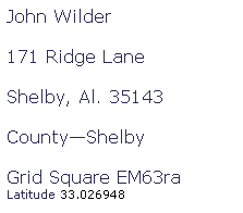 Text Box: John Wilder
171 Ridge Lane
Shelby, Al. 35143
CountyShelby
Grid Square EM63ra
Latitude 33.026948 
Longitude -86.542840 
 
Emailw4ccq@fmcaarc.com 
